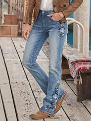 Woman Casual Embroidered Floral Denim Jeans Long Pants