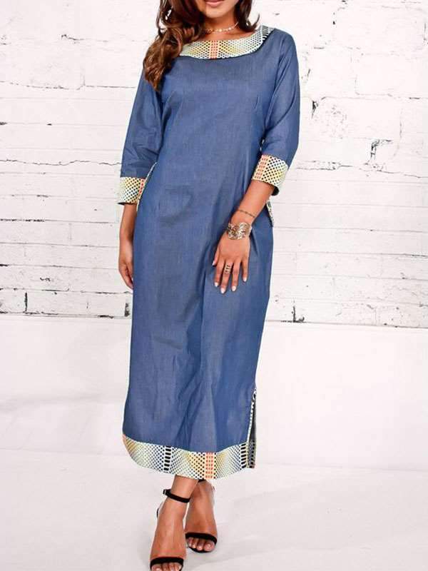 Women Autumn Denim Printed Patchwork Folk-Custom Maxi Dress