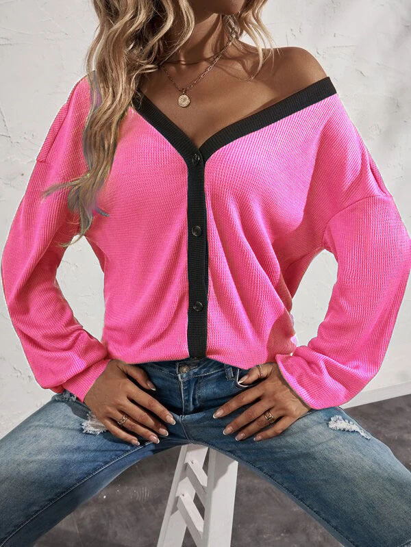 Waffle Styke V neck Long Sleeve Button Cardigan Sweaters