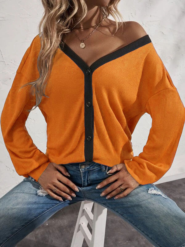 Waffle Styke V neck Long Sleeve Button Cardigan Sweaters