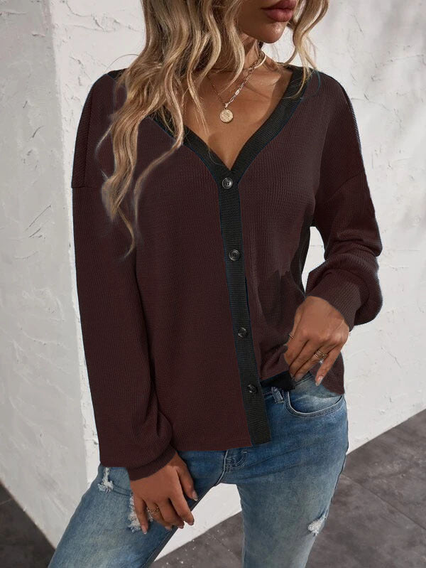 Waffle Styke V neck Long Sleeve Button Cardigan Sweaters