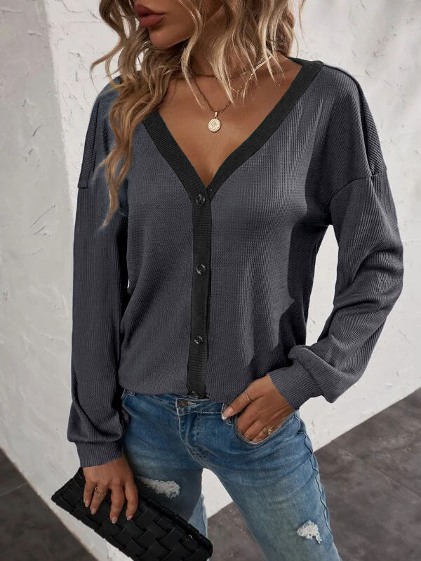 Waffle Styke V neck Long Sleeve Button Cardigan Sweaters