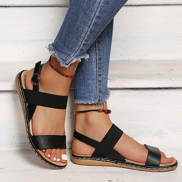 Woman Buckle Solid Color Flat Heel Sandals