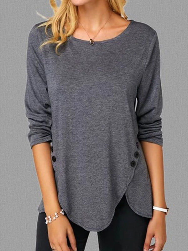 Woman Fashion Round Neck Long Sleeve Irregular Hem T-shirts