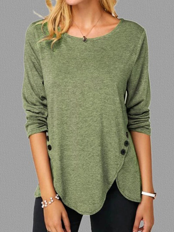 Woman Fashion Round Neck Long Sleeve Irregular Hem T-shirts