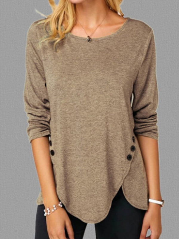 Woman Fashion Round Neck Long Sleeve Irregular Hem T-shirts