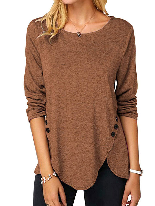 Woman Fashion Round Neck Long Sleeve Irregular Hem T-shirts