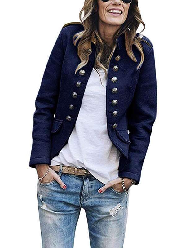 Women Button Stand collar long sleeve casaul blazer coats