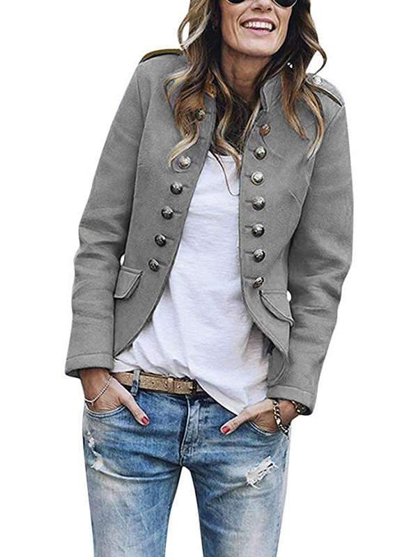 Women Button Stand collar long sleeve casaul blazer coats