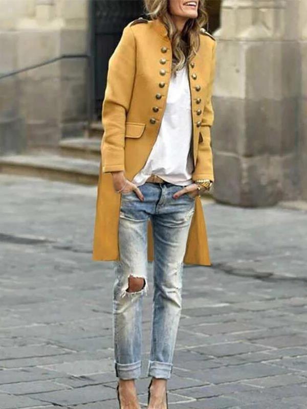 Women Button Stand collar long sleeve casaul blazer coats