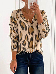 Women Fashion leopard print sexy V-neck all-match T-shirts