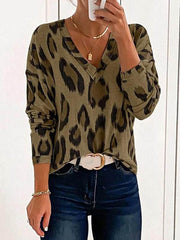 Women Fashion leopard print sexy V-neck all-match T-shirts