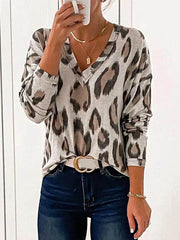 Women Fashion leopard print sexy V-neck all-match T-shirts