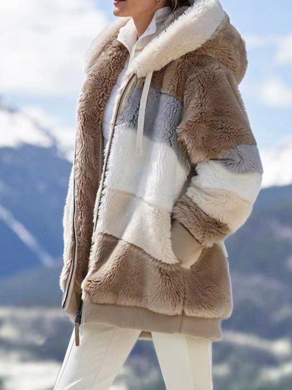 Women Stylish Multicolor Plush Hooded Coats
