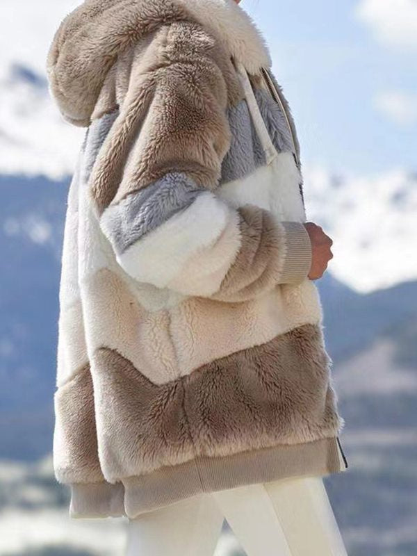 Women Stylish Multicolor Plush Hooded Coats