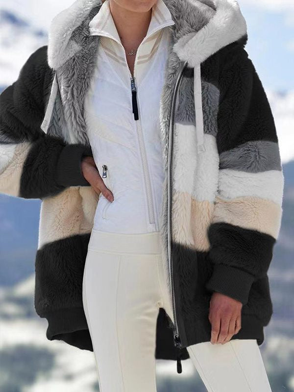 Women Stylish Multicolor Plush Hooded Coats