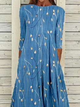 Women's A Line Dress Midi Dress Blue Half Sleeve Floral Ruched Print Spring Summer Crew Neck Casual Modern Maxi Dresses