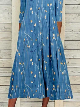 Women's A Line Dress Midi Dress Blue Half Sleeve Floral Ruched Print Spring Summer Crew Neck Casual Modern Maxi Dresses