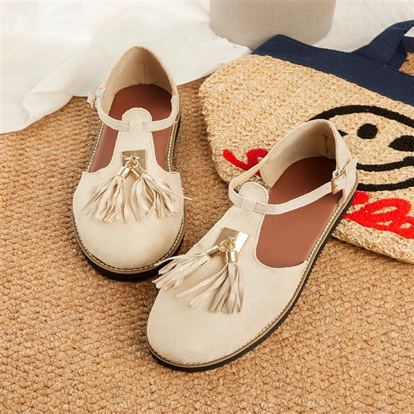 Women's Gold Buckle Fringe Mary Jane Shoes