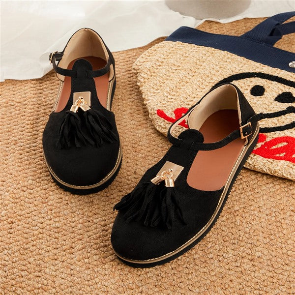 Women's Gold Buckle Fringe Mary Jane Shoes