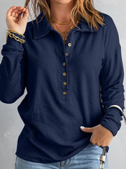 Women's Navy Button Front Long Sleeve Henley Top Sweatshirts