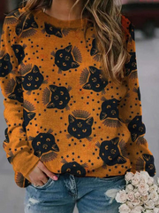 Women's T-Shirts Pumpkin Cat Print Crew Neck Long Sleeve Halloween T-Shirts