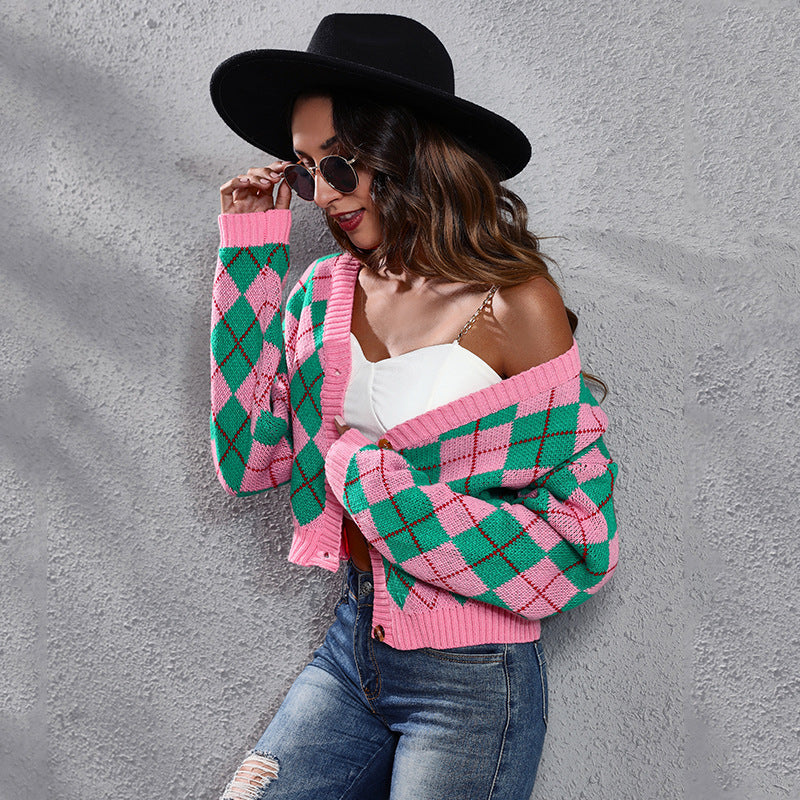 Women's loose rhombus colorblock knit cardigans short sweaters