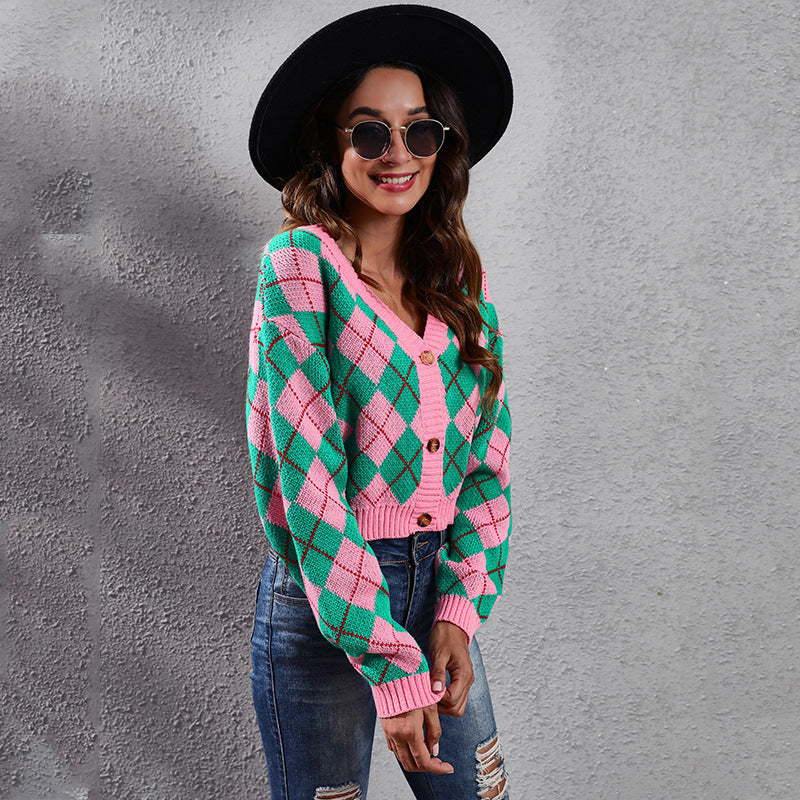 Women's loose rhombus colorblock knit cardigans short sweaters