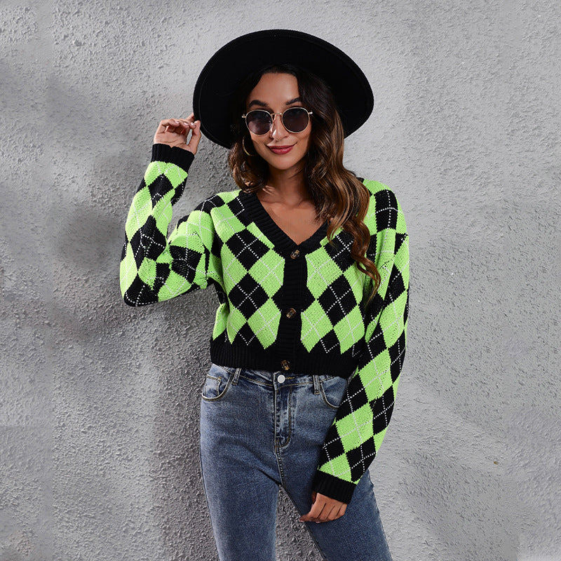 Women's loose rhombus colorblock knit cardigans short sweaters