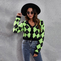Women's loose rhombus colorblock knit cardigans short sweaters