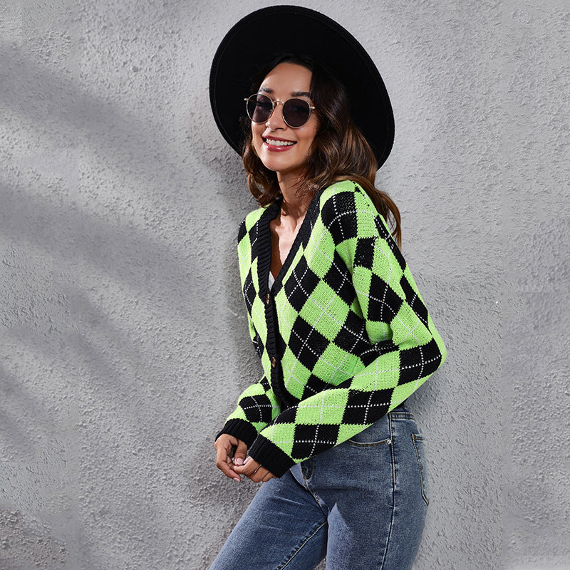 Women's loose rhombus colorblock knit cardigans short sweaters