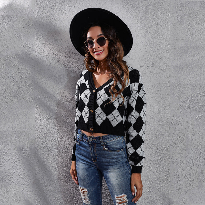 Women's loose rhombus colorblock knit cardigans short sweaters