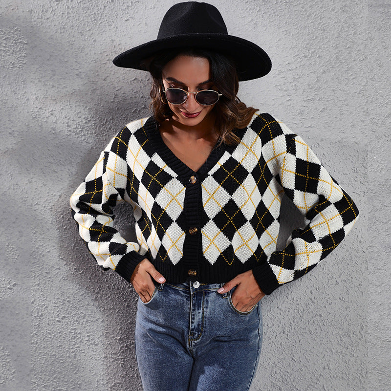 Women's loose rhombus colorblock knit cardigans short sweaters