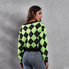 Women's loose rhombus colorblock knit cardigans short sweaters