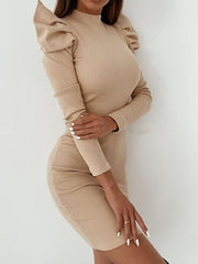Women slim sexy round neck bubble sleeves solid color bodycon dresses