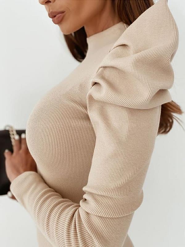 Women slim sexy round neck bubble sleeves solid color bodycon dresses