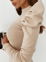 Women slim sexy round neck bubble sleeves solid color bodycon dresses