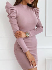 Women slim sexy round neck bubble sleeves solid color bodycon dresses