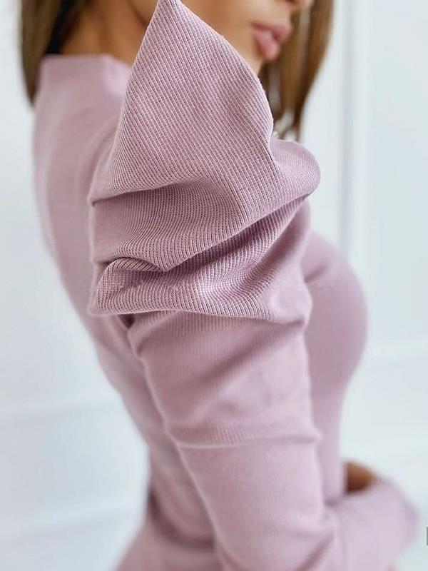 Women slim sexy round neck bubble sleeves solid color bodycon dresses