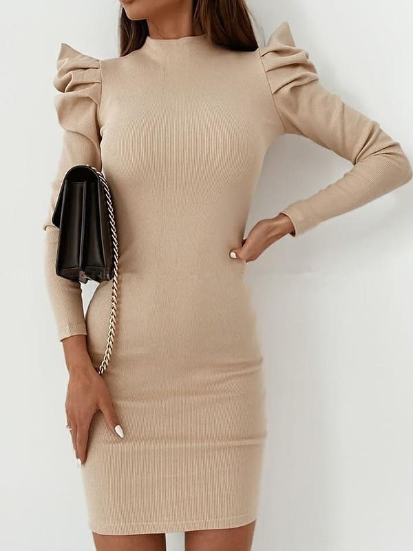 Women slim sexy round neck bubble sleeves solid color bodycon dresses
