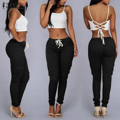 Drawstring Waist Pocket Design Skinny Long Cargo Pants