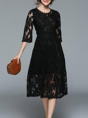 3/4 Sleeves Lace Hollow Midi Dress