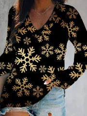 Christmas Xmas Long Sleeve V Neck Plus Size Printed Tops T-shirts