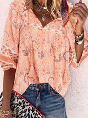 Paisley  Half Sleeve  Printed Polyester  V neck Boho Summer  Orange Top