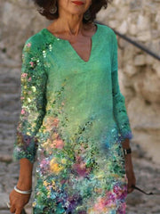 Cotton-Blend 3/4 Sleeve V Neck Shift Dresses