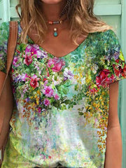 Colorful Flower Painting Short Sleeve Shirts & Tops
