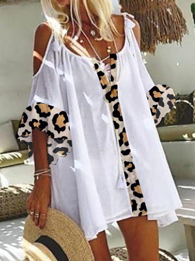 Casual Cotton-Blend Leopard Print Short Sleeve Dresses