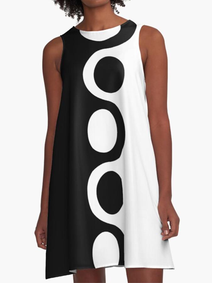 Black White Mod A-Line Geometric Polka Dots Pockets Dress