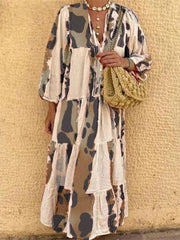 Casual Long Sleeve Leopard Print Colorblock Holiday Dresses
