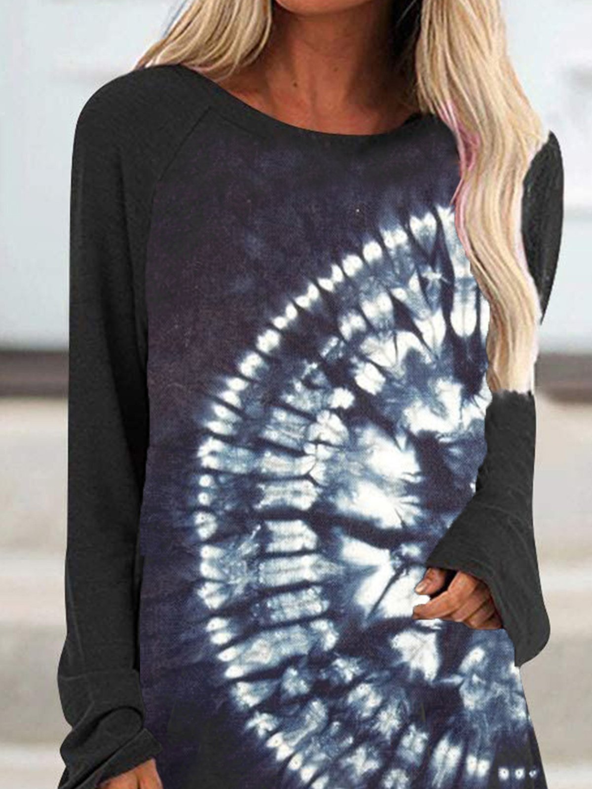 Black Ombre/Tie-Dye Printed Casual Long Sleeve Shift Shirts & Tops